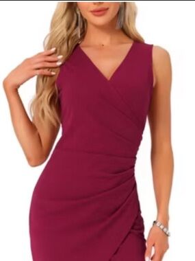 New! Allegra K Women's V Neck Sleeveless Midi Wrap Dress, Burgundy Red, Size XXL